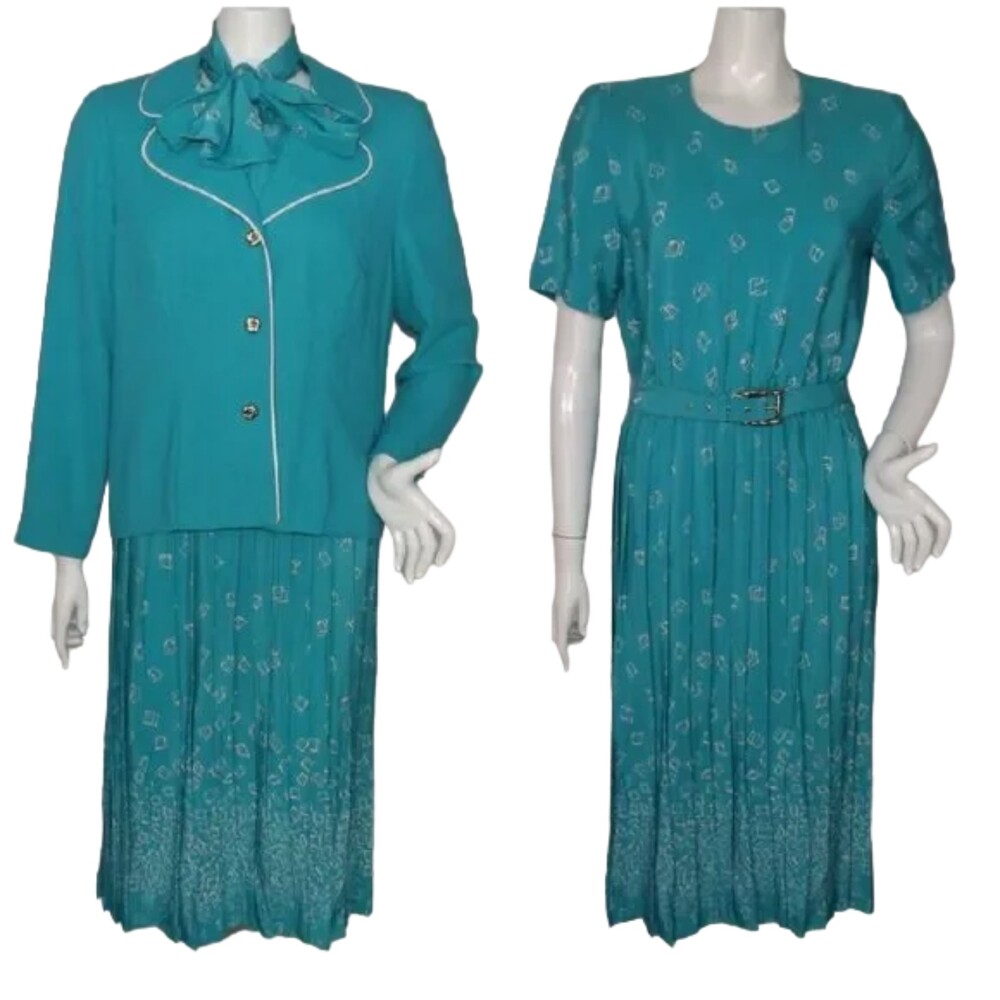 LESLIE FAY Dress Set, 10, 4pc, Turquoise,Geo Print, Jacket, Belt, scarf, Vintage